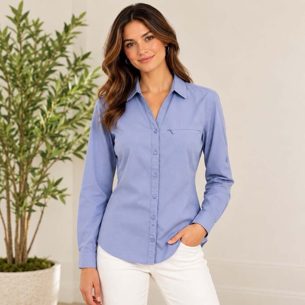 Duluth Trading Breezeshooter Womens L Blue Cooling Ventilated Shirt Zip Pocket